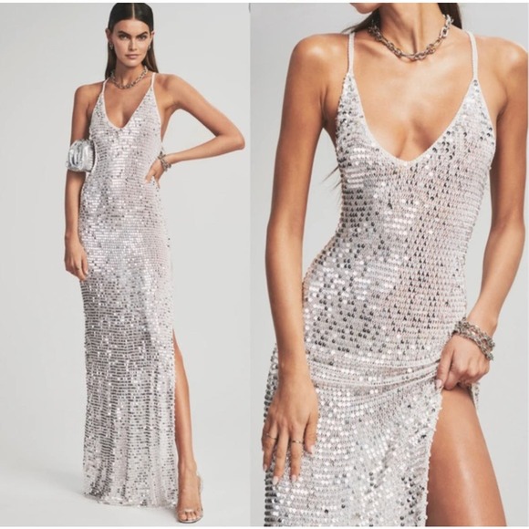 Retrofete Dress Marie Sequin Crochet Maxi White Ivory Gold Long XS / S Strappy - Picture 2 of 16